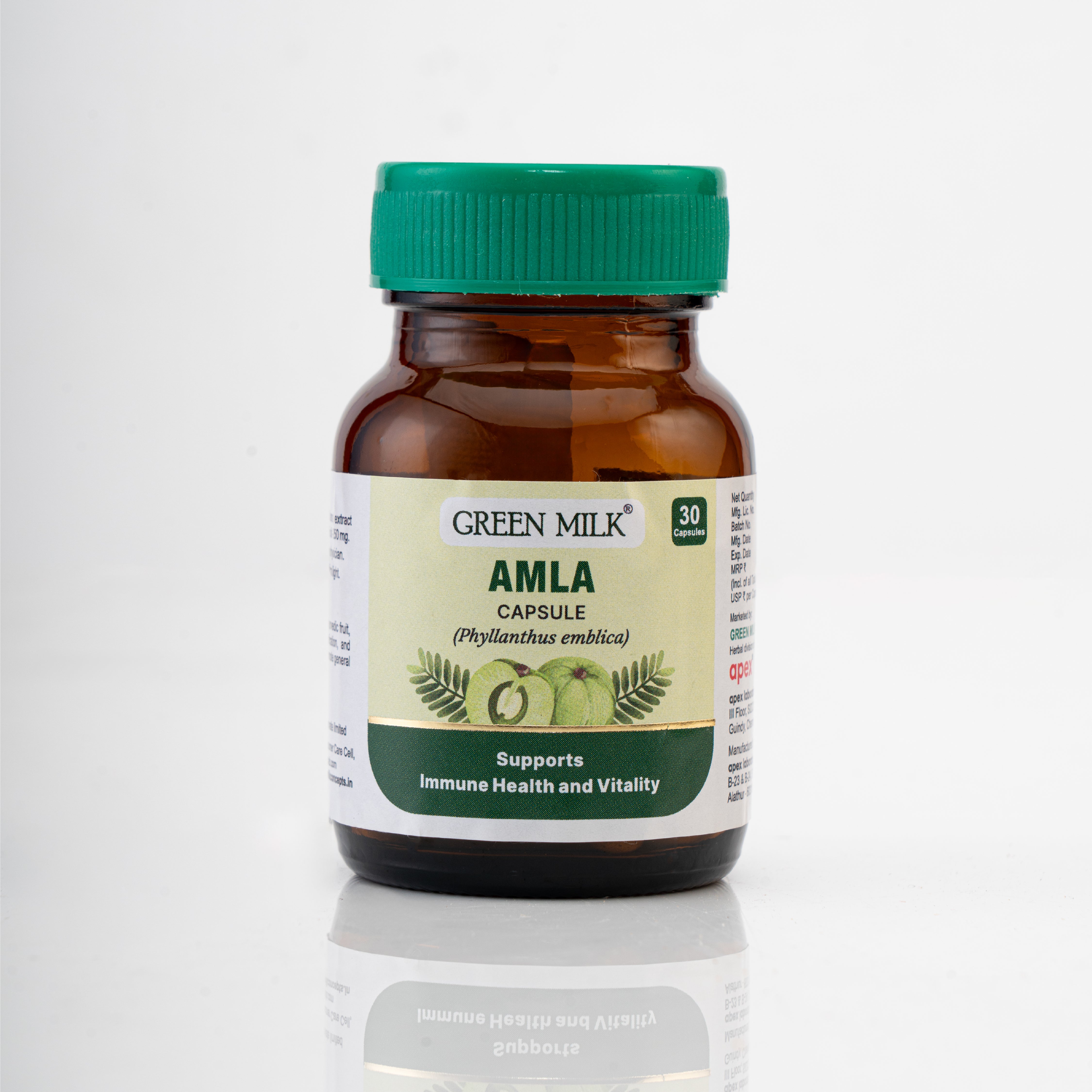 Bottle of Green Milk Amla capsules on a white background