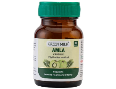 Brown bottle of Green Milk Amla capsules with a green cap on a white background
