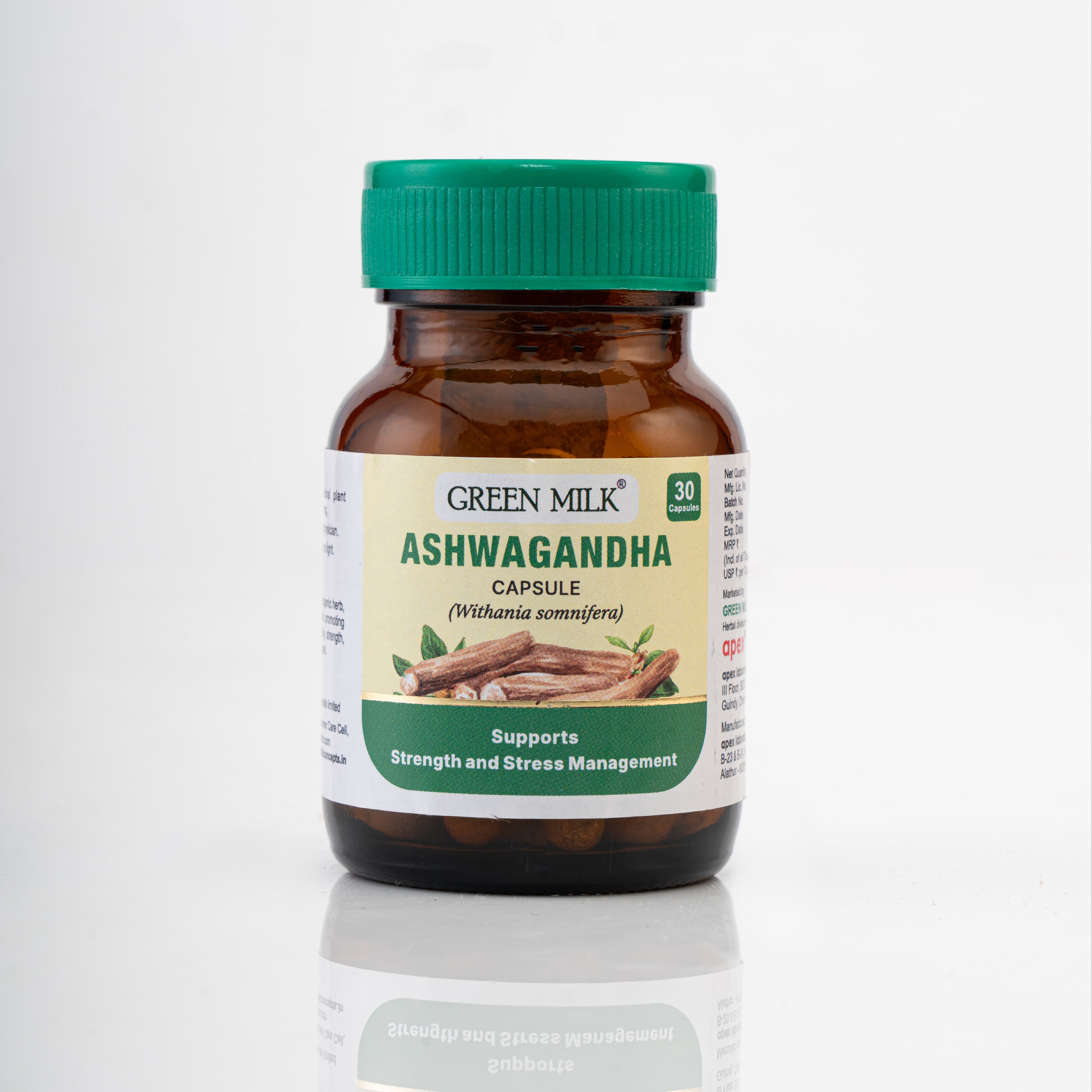 Bottle of Green Milk Ashwagandha capsules on a white background