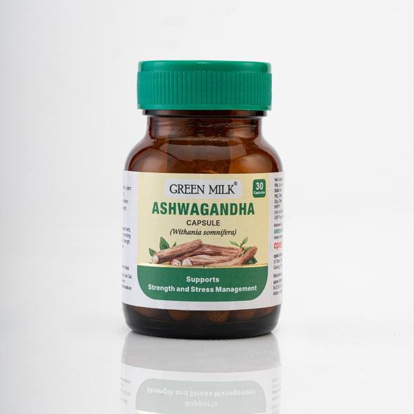 Bottle of Green Milk Ashwagandha capsules on a white background
