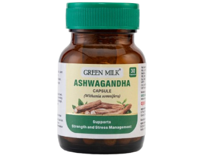 Bottle of Green Milk Ashwagandha capsules on a white background
