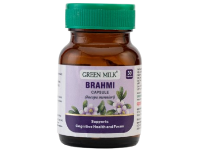 Bottle of Green Milk Brahmi capsule on a white background