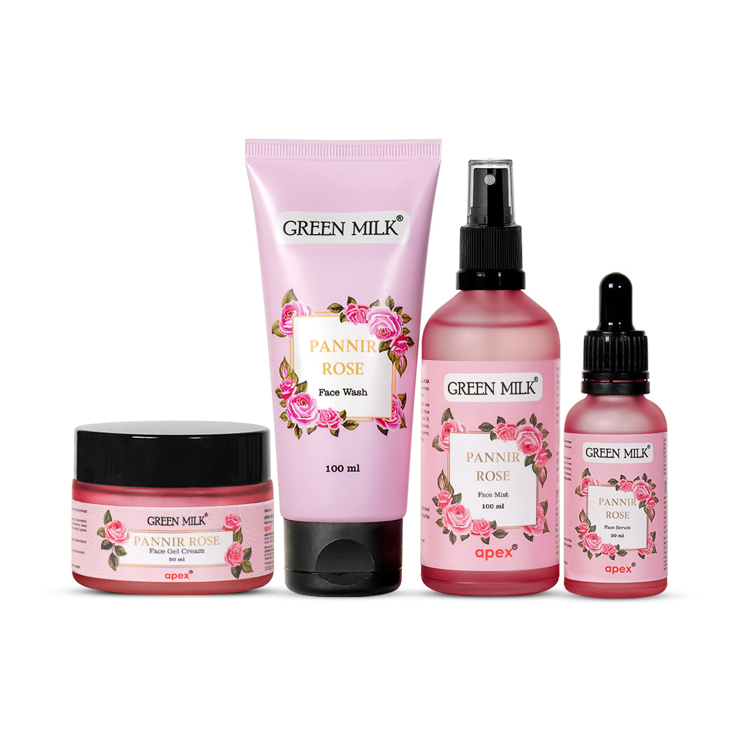 A gift box set from GREEN MILK, featuring various skincare products including a face wash, a mask, a body lotion, and a spray, all with rose infusion.