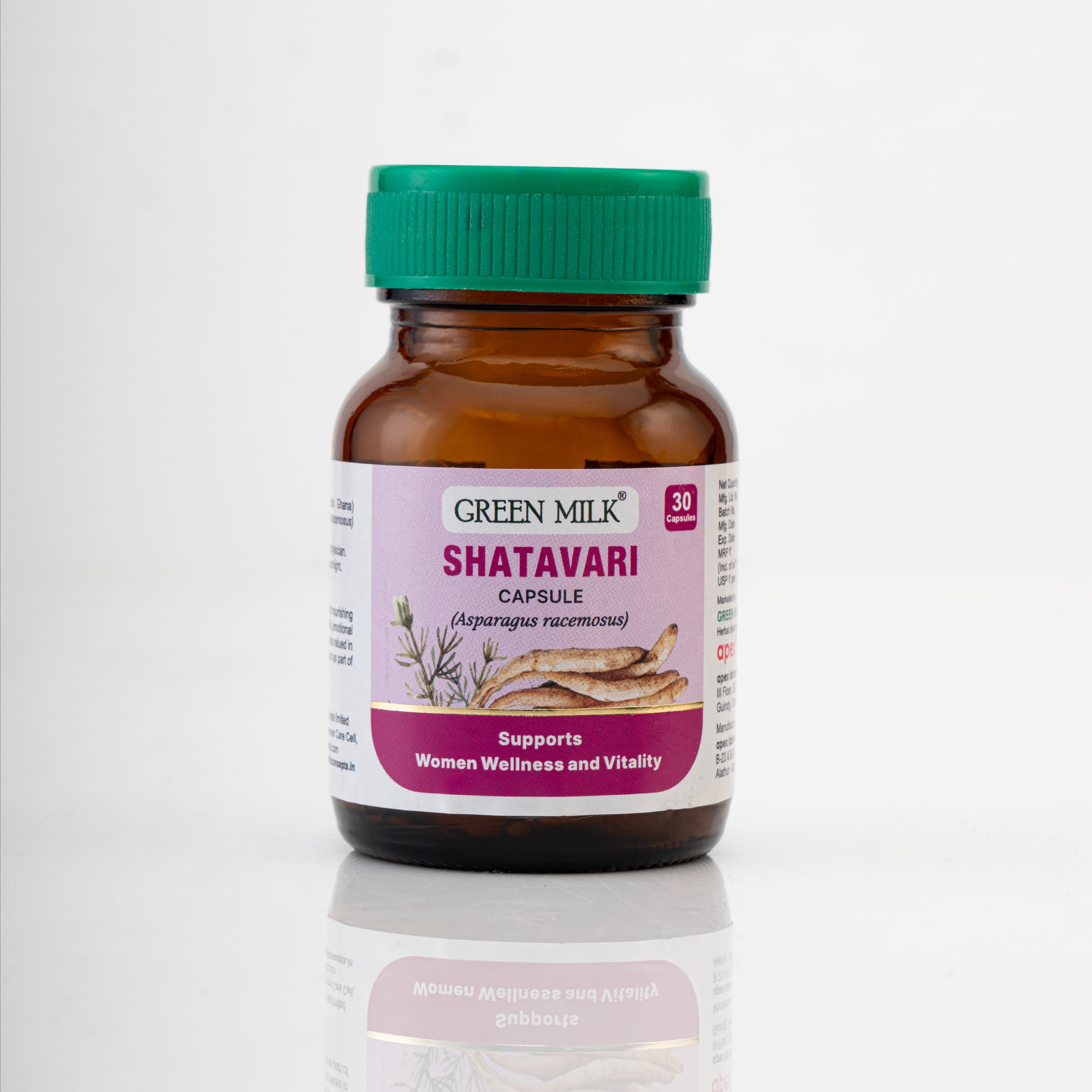 Bottle of Green Milk Shatavari capsules on a white background