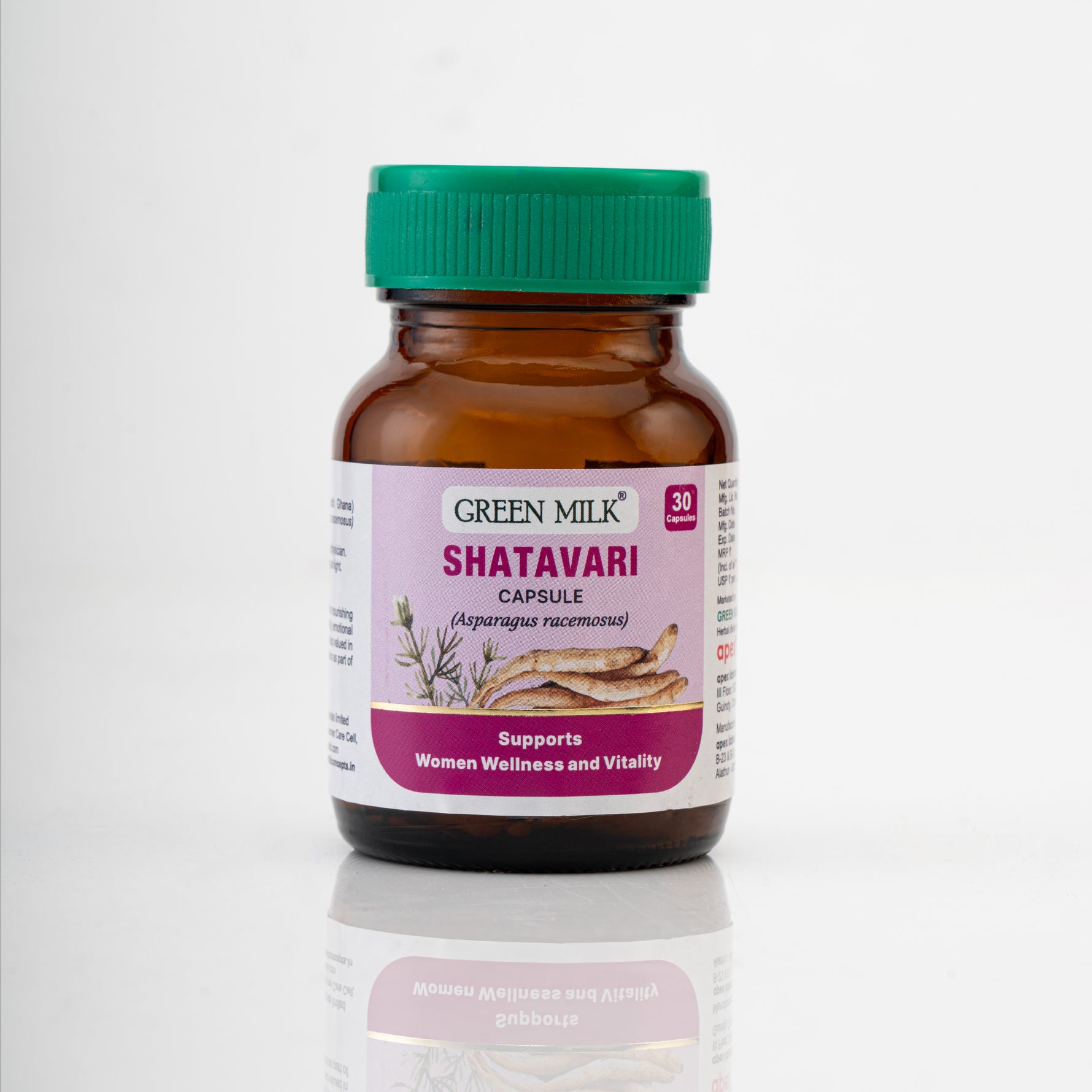 Bottle of Green Milk Shatavari capsules on a white background