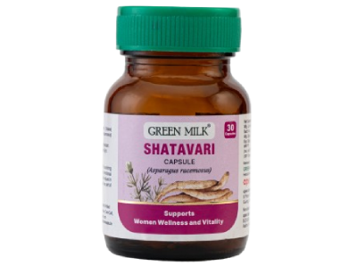 Brown bottle of Green Milk Shatavari capsules with a green cap on a white background