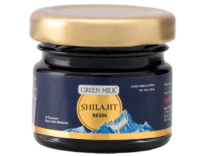 Jar of Green Milk Shilajit Resin with a gold lid on a white background
