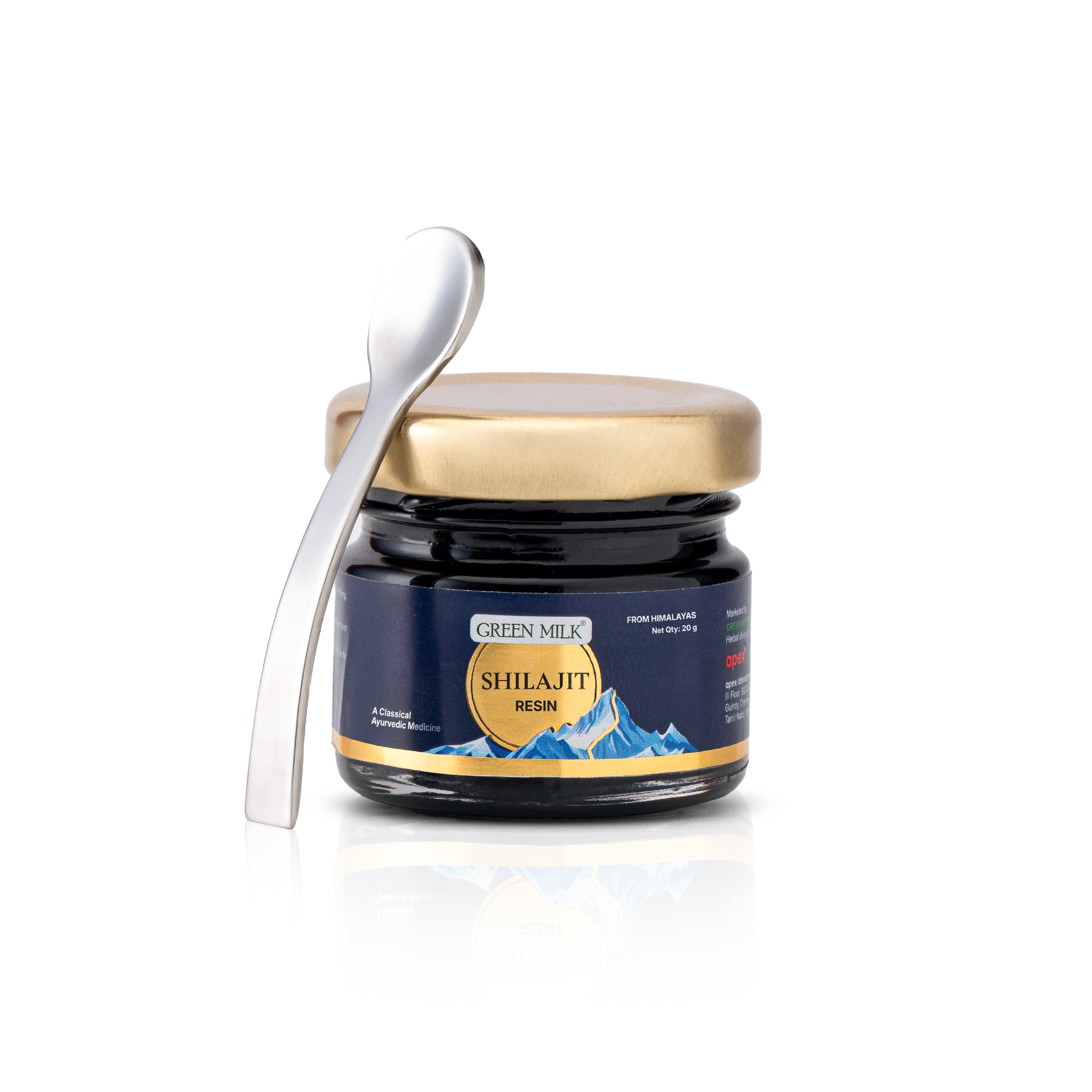 Jar of Shilajit resin with a spoon on a white background