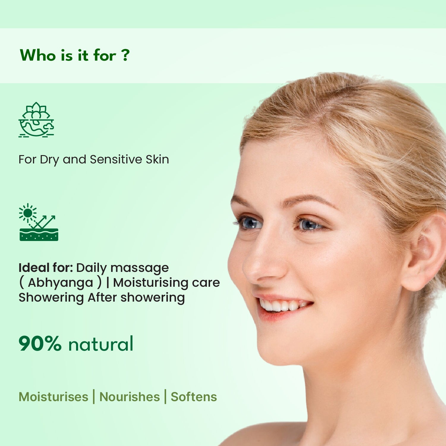 Woman's face with skincare product features on a green background
