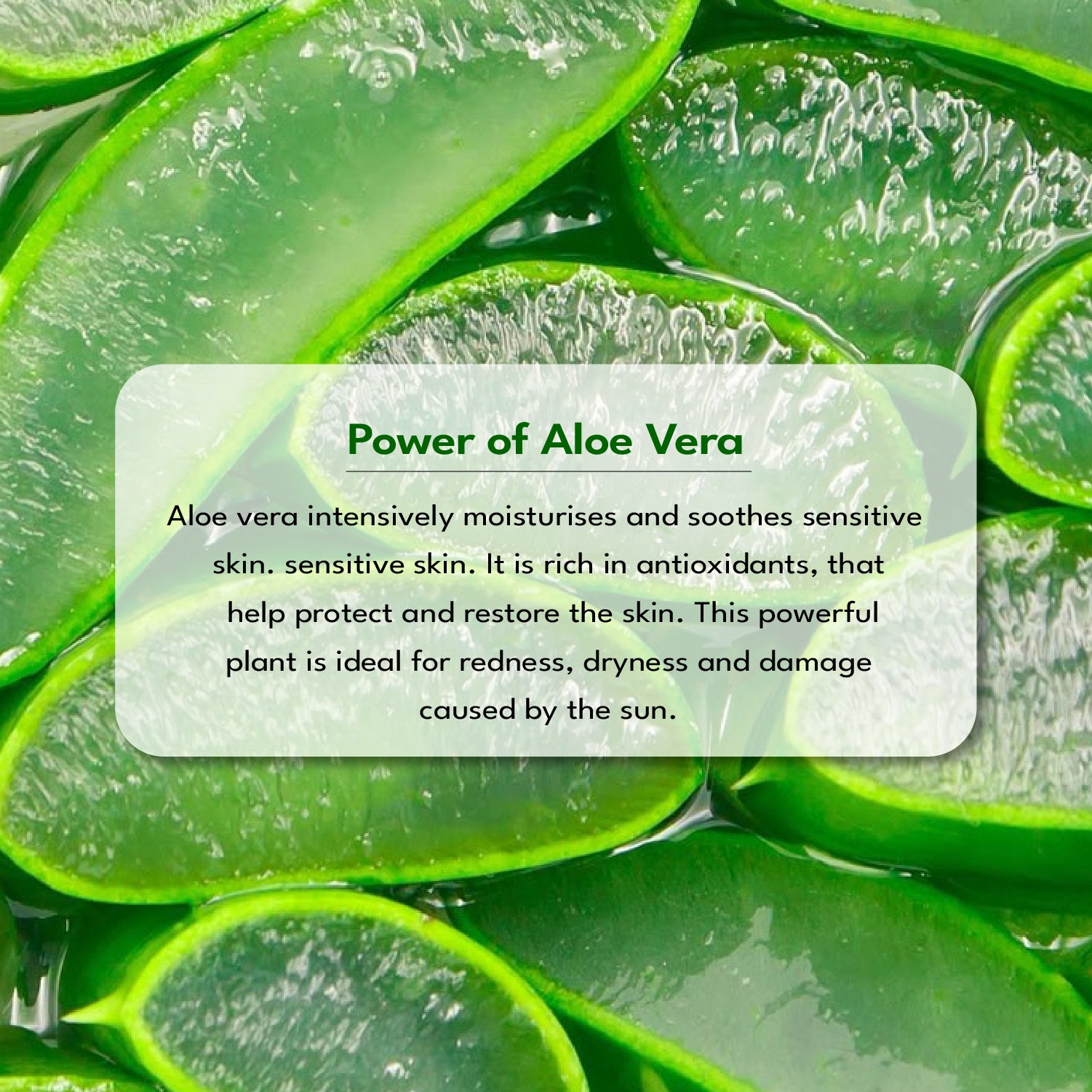 Close-up of aloe vera slices with text overlay.