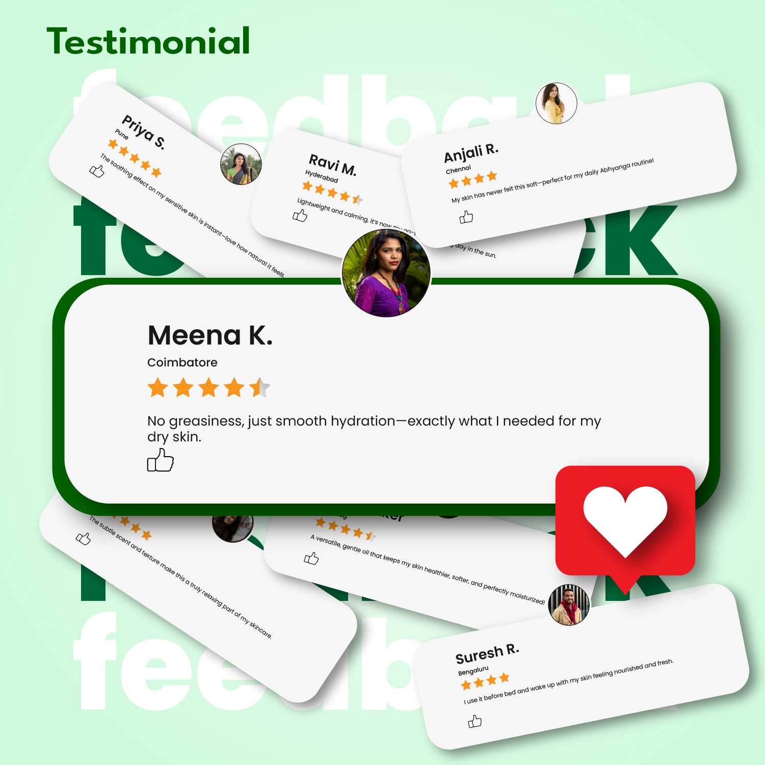 Collage of customer testimonials with positive feedback on a product.