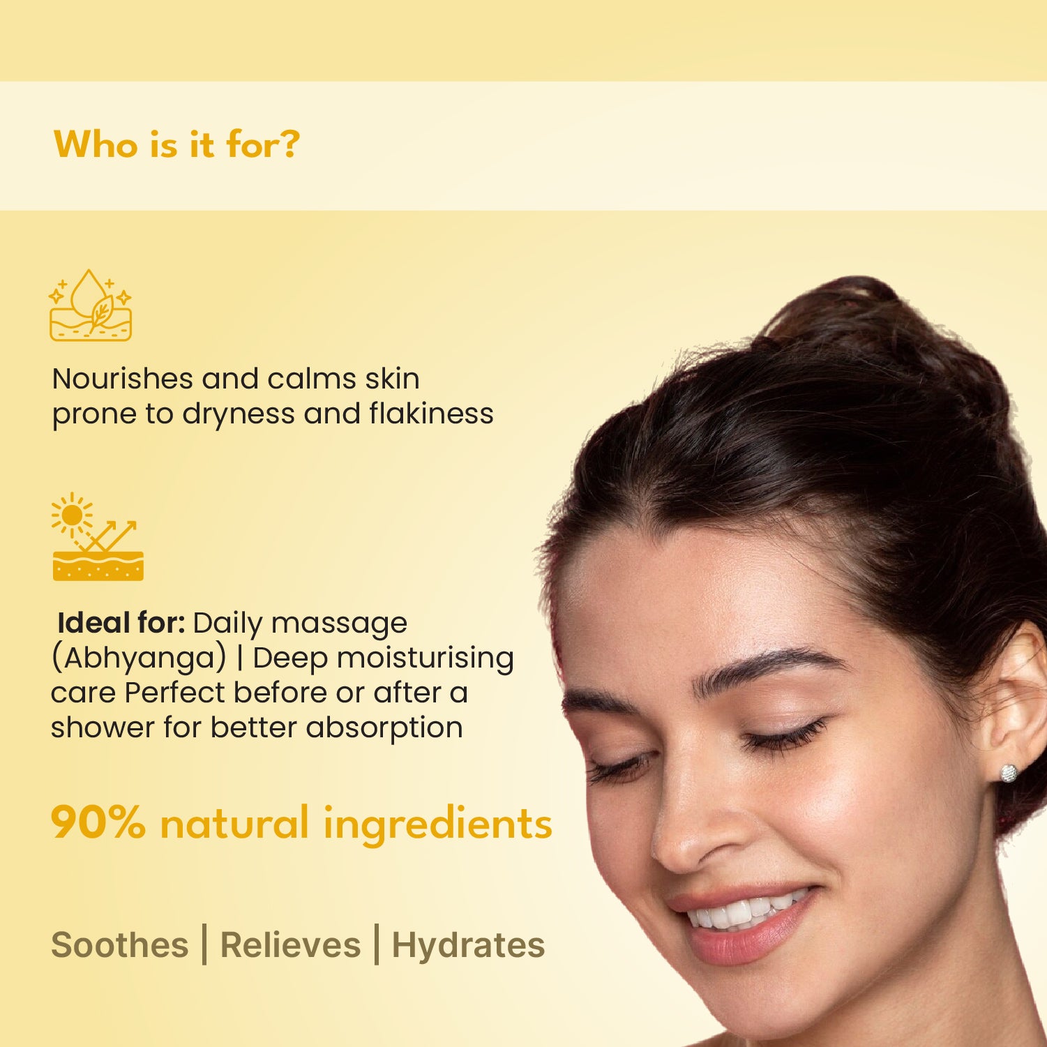 Woman with a content expression on a light yellow background with text about the product's benefits.