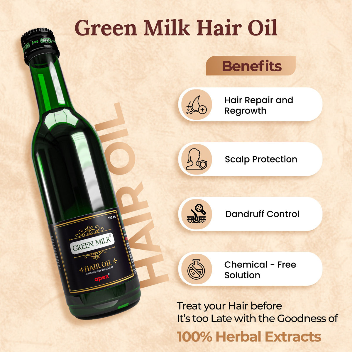 Green Milk Hair Oil bottle with benefits listed on a beige background