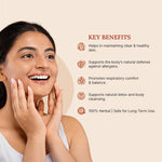 Woman touching her face with text listing key benefits on a beige background