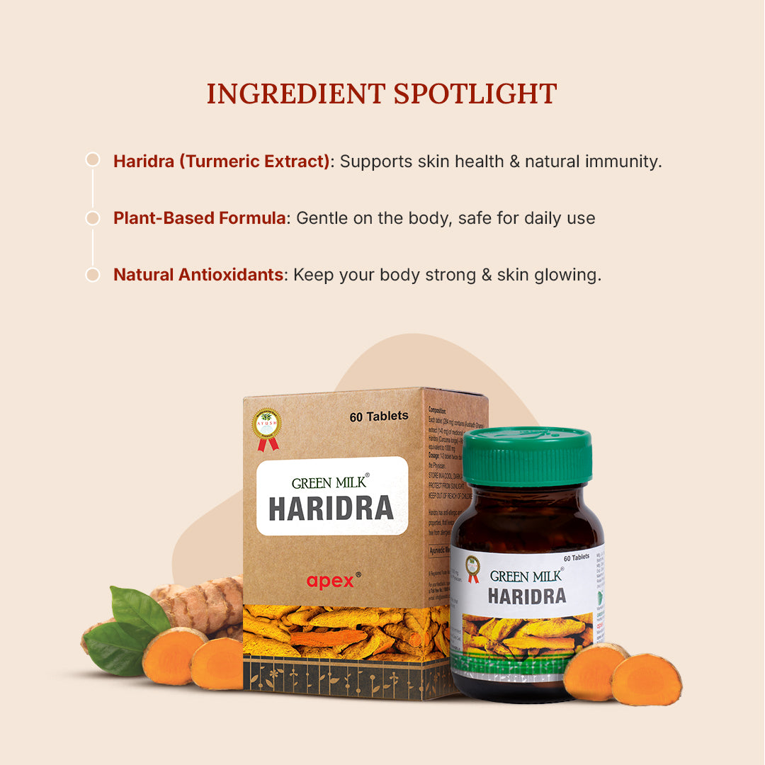 Green Milk Haridra supplement packaging with turmeric roots on a beige background