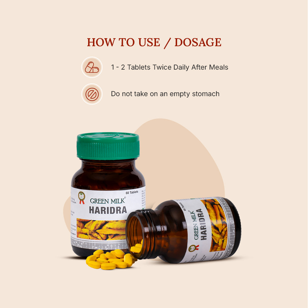Green Milk Haridra supplement bottle with pills on a beige background
