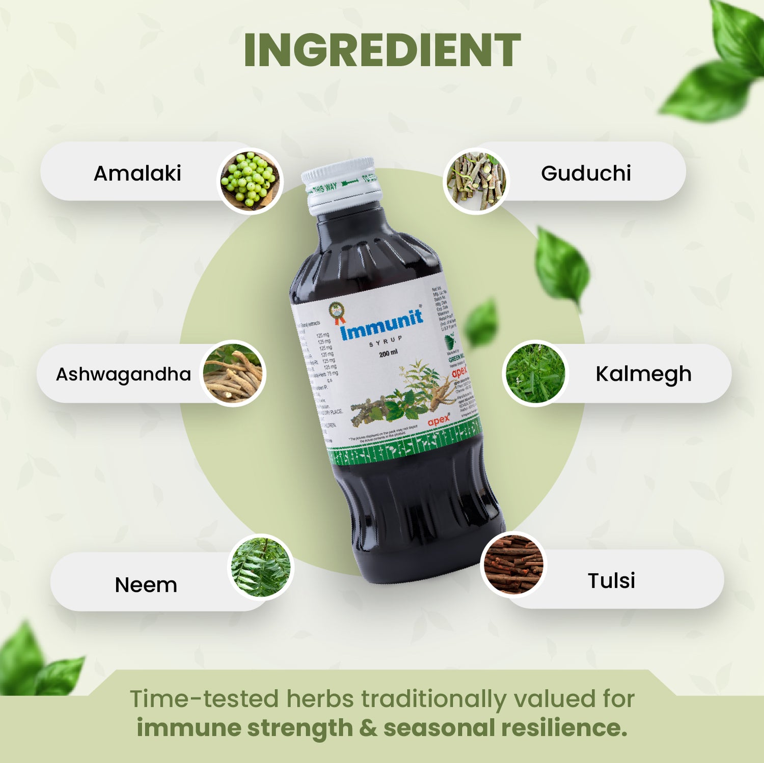 Bottle of Immunit with ingredients Amalaki, Guduchi, Ashwagandha, Kalmegh, Neem, and Tulsi on a green background.