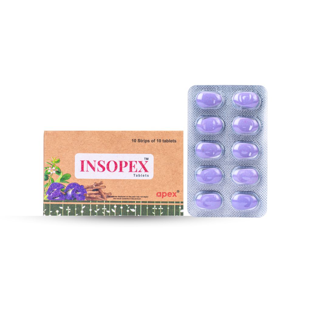 Insopex tablets packaging with blister pack on a white background