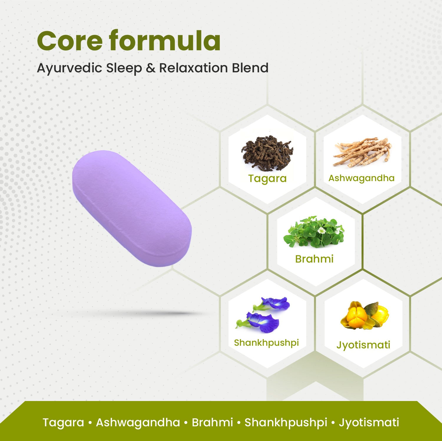 Purple capsule with Ayurvedic sleep and relaxation blend ingredients on a white background