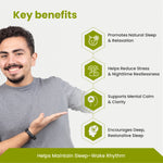 Man pointing to key benefits of a product on a white background with green accents.