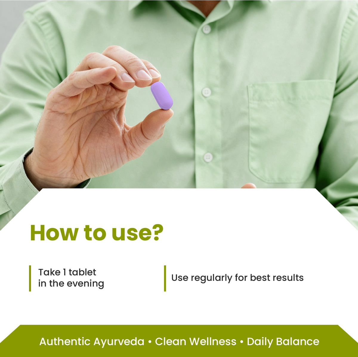 Hand holding a purple tablet with text on how to use it, set against a green shirt background.