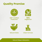Quality Promise graphic with GMP certification, vegetarian, natural herbs, and clean formula icons on a white background.