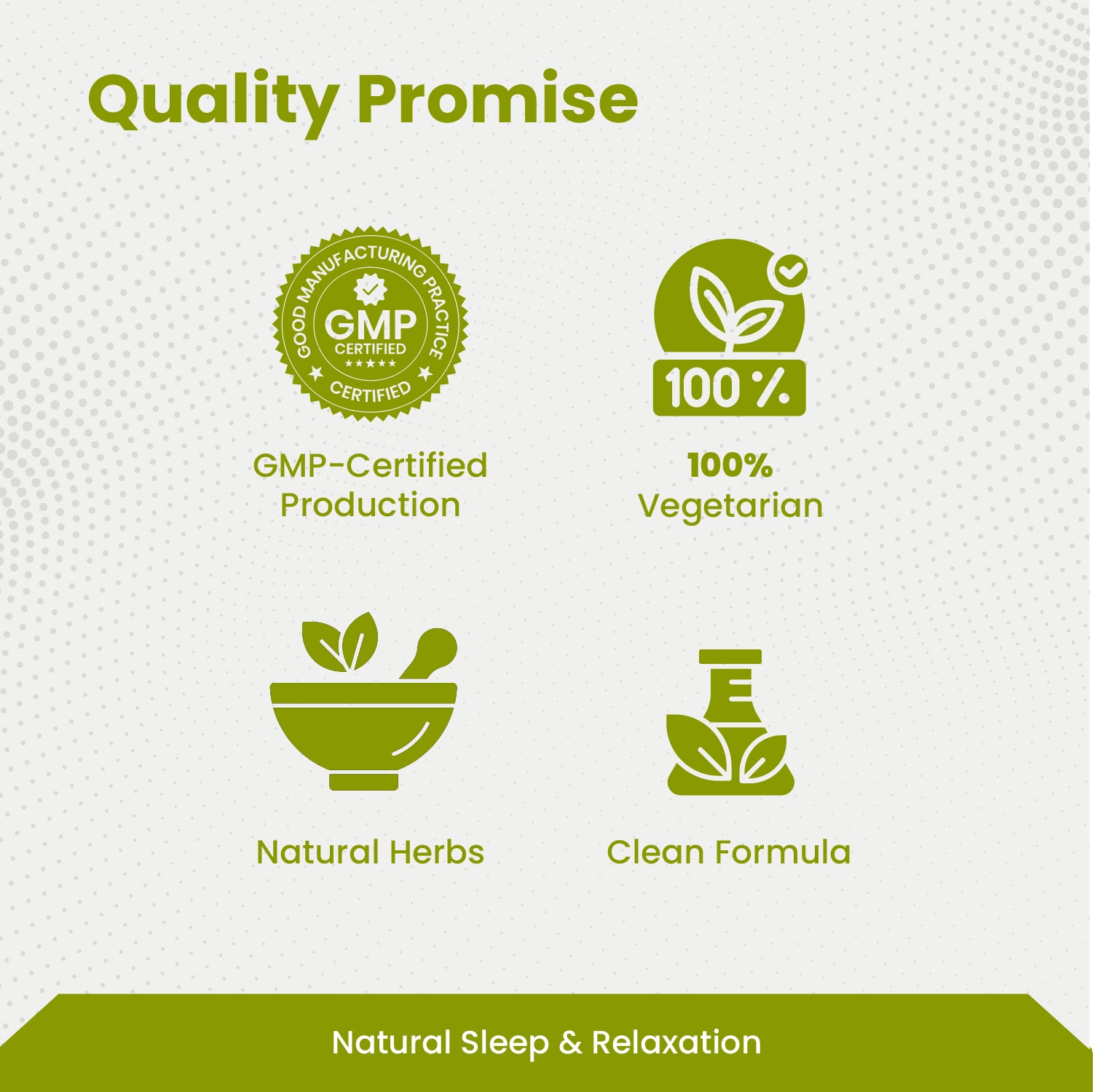 Quality Promise graphic with GMP certification, vegetarian, natural herbs, and clean formula icons on a white background.