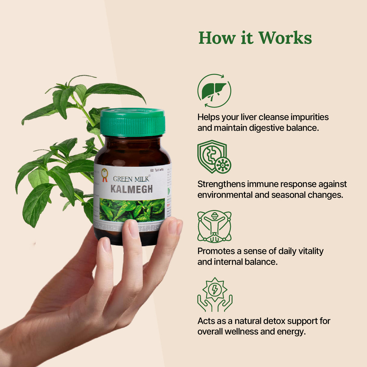 Bottle of Green Milk Kalmegh with text on how it works against a beige background