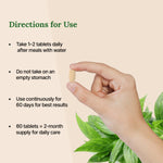 Hand holding a pill with directions for use text on a beige background