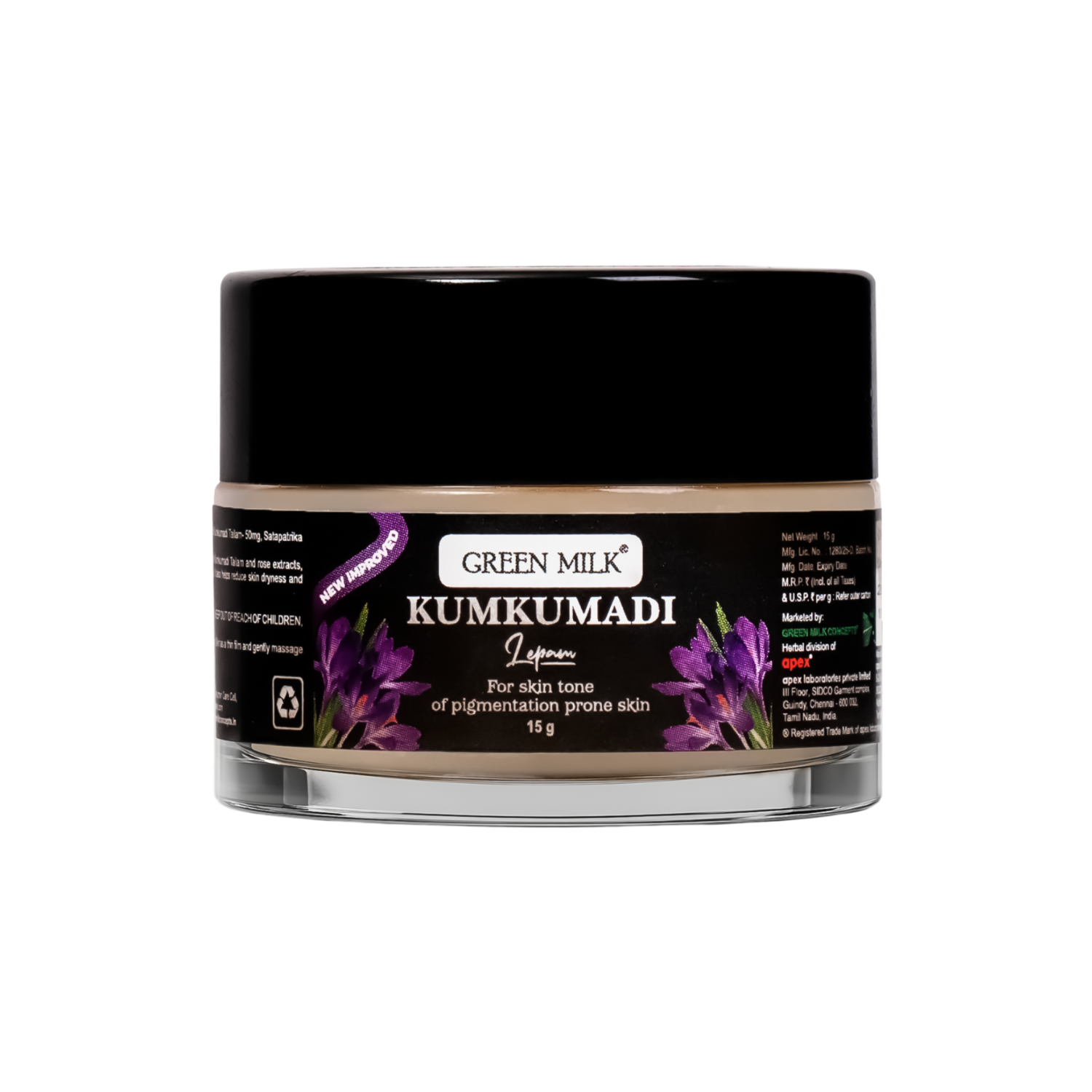 Green Milk Kumkumadi jar with black lid on a white background