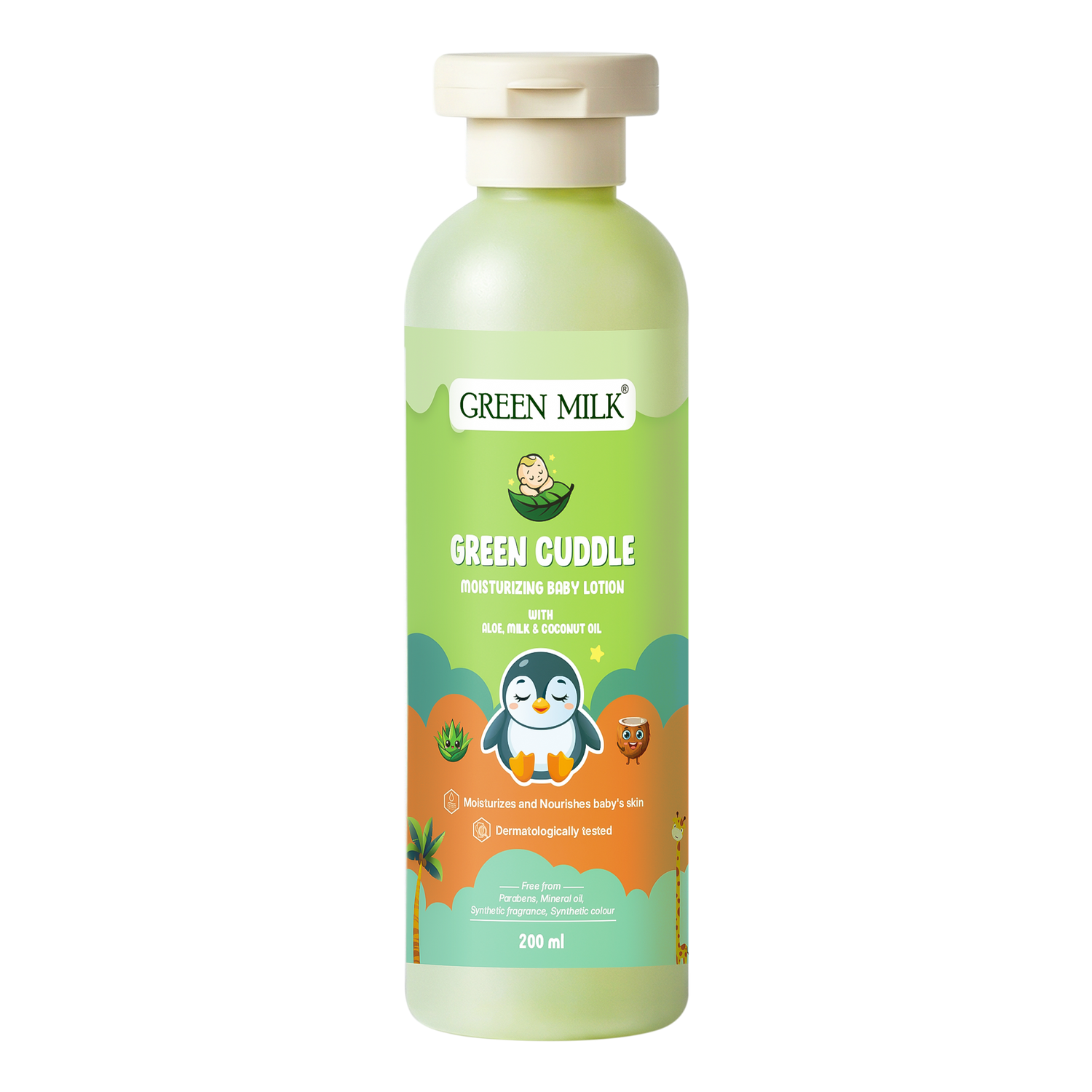 Green Milk Green Cuddle moisturizing body lotion bottle on a white background
