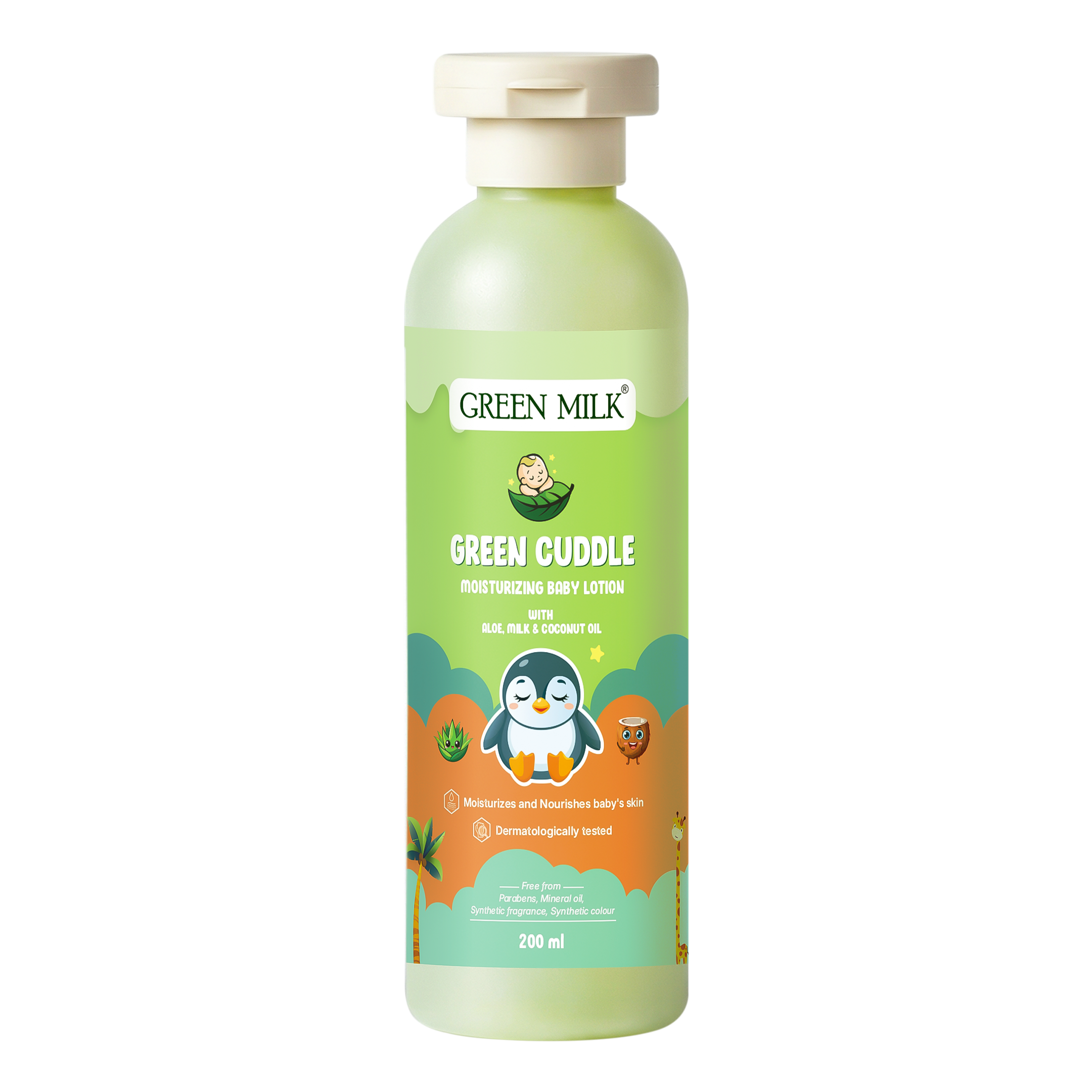 Green Milk Green Cuddle moisturizing body lotion bottle on a white background