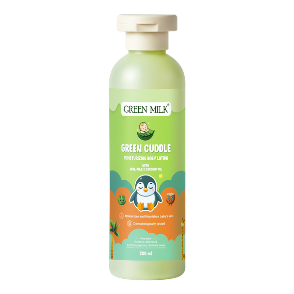 Green Milk Green Cuddle moisturizing body lotion bottle on a white background