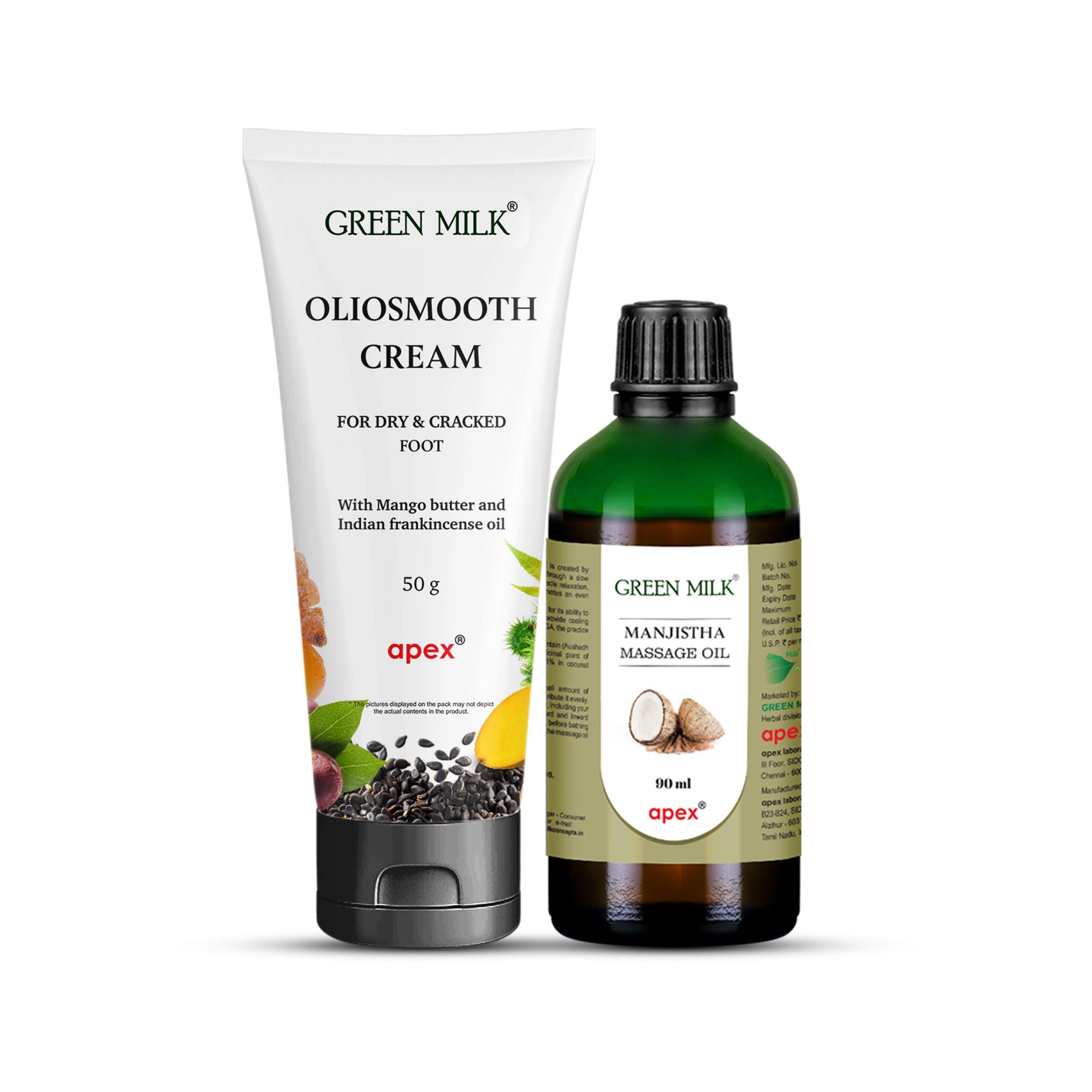 Green Milk Oliosmooth Cream and Manishtha Massage Oil on a white background