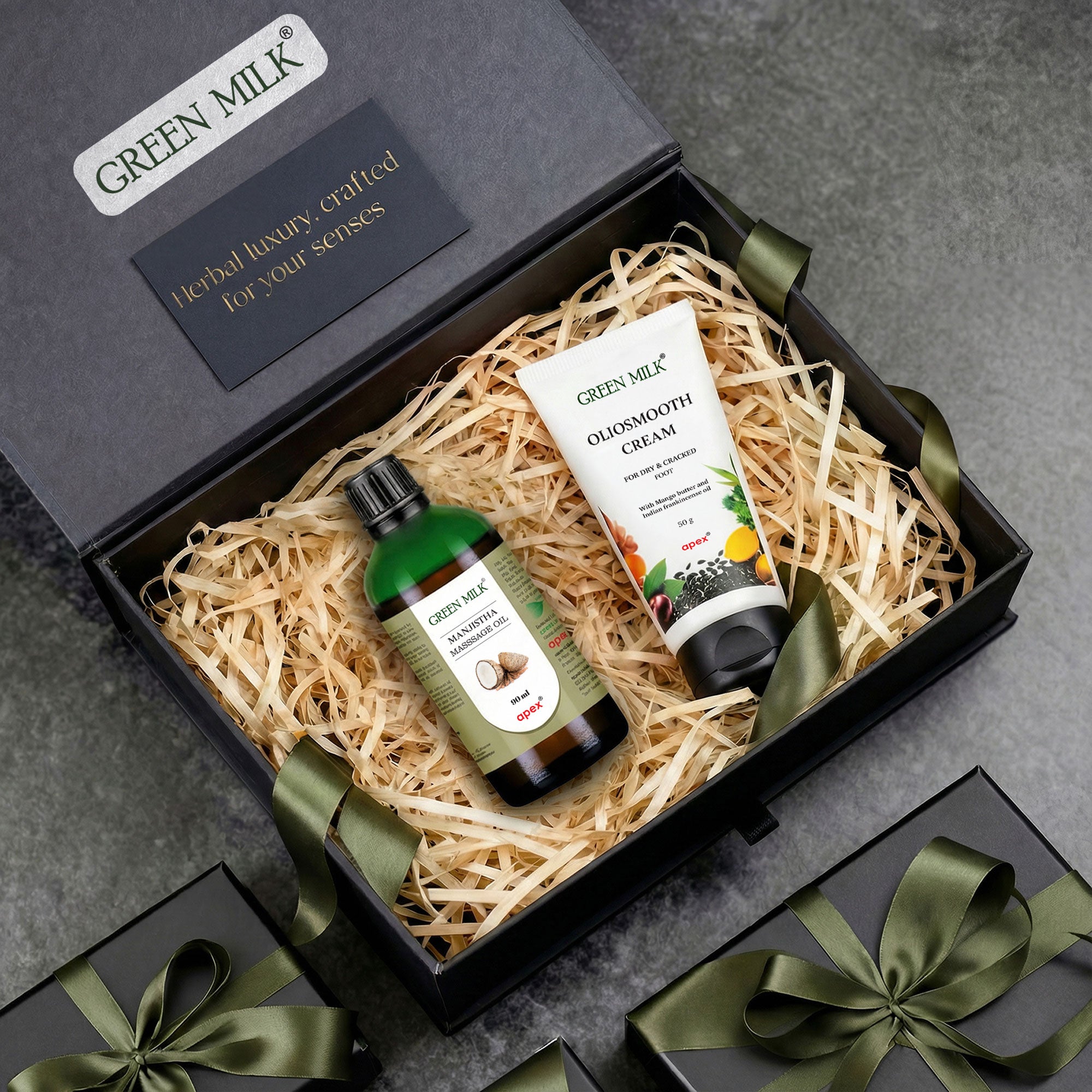 Green Milk skincare products in a gift box on a gray background