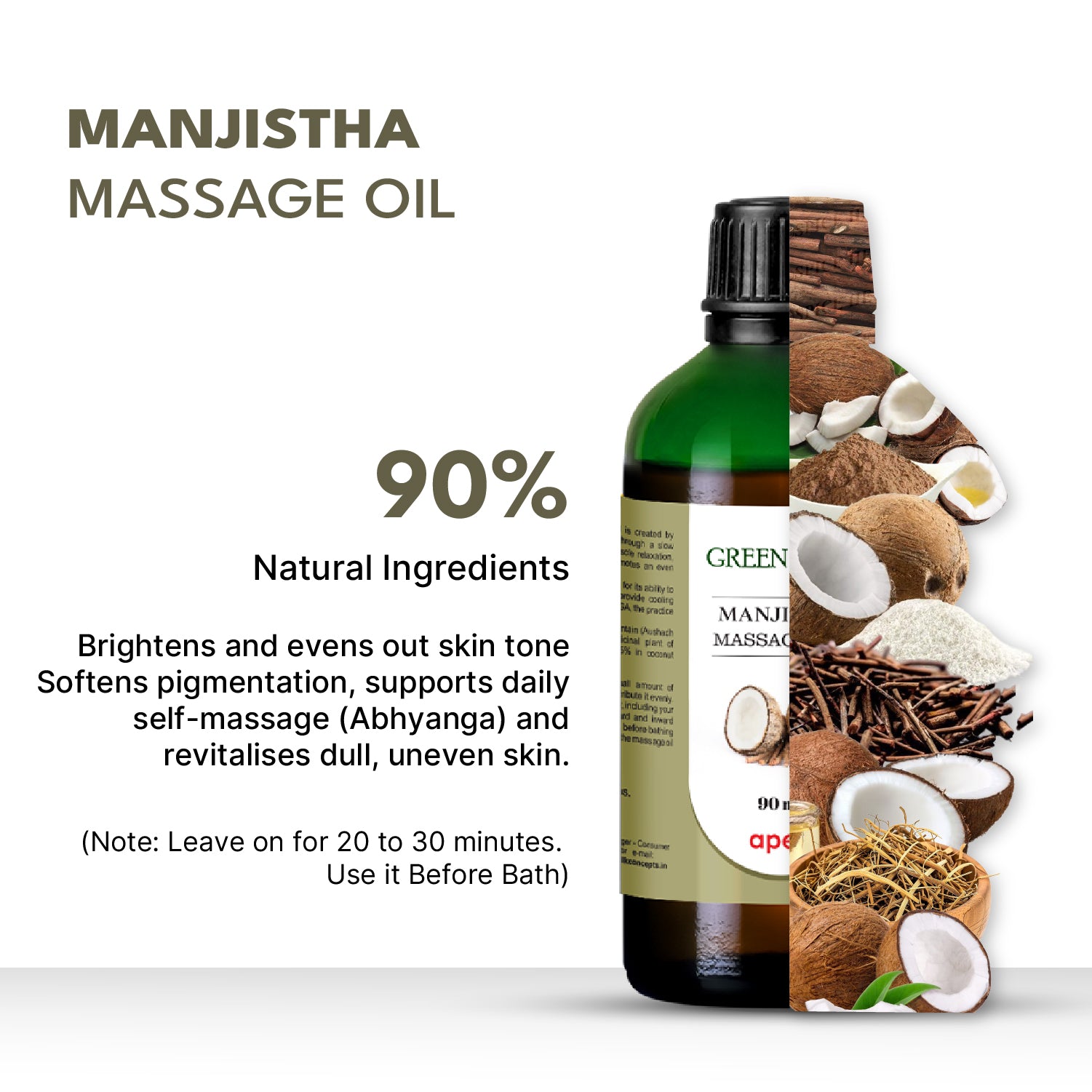 Manjistha massage oil bottle with ingredients and benefits on a white background