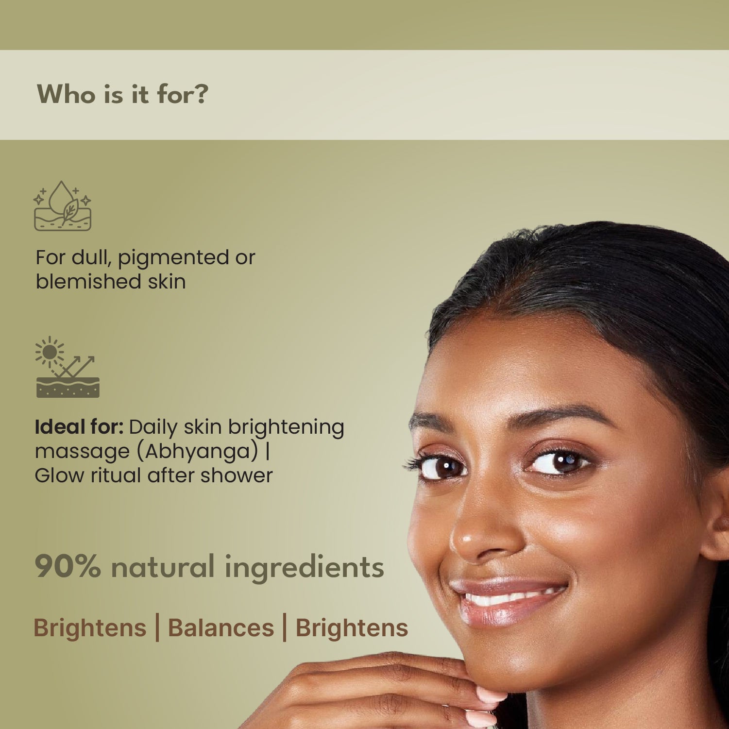 Product advertisement for skin care with a woman's face and text about product use and benefits.