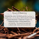 Manjistha herb with text overlay on a blurred natural background
