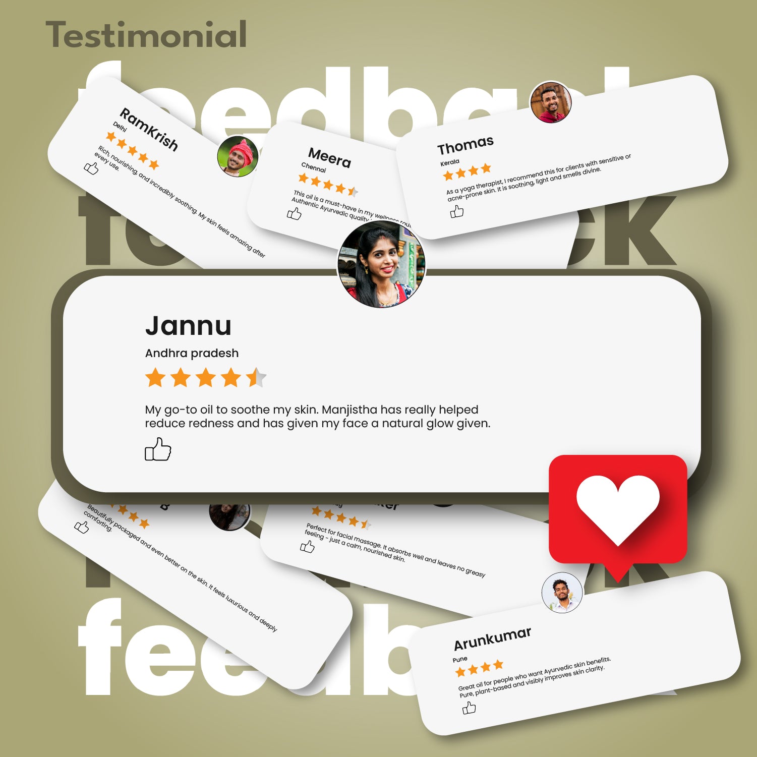 Feedback cards with user comments and ratings on a beige background