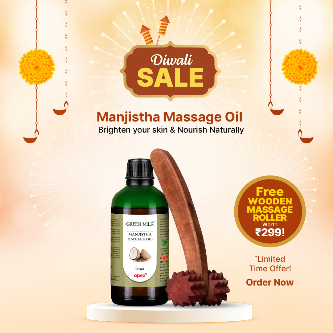 Manjistha Massage Oil with a wooden roller on a Diwali sale background