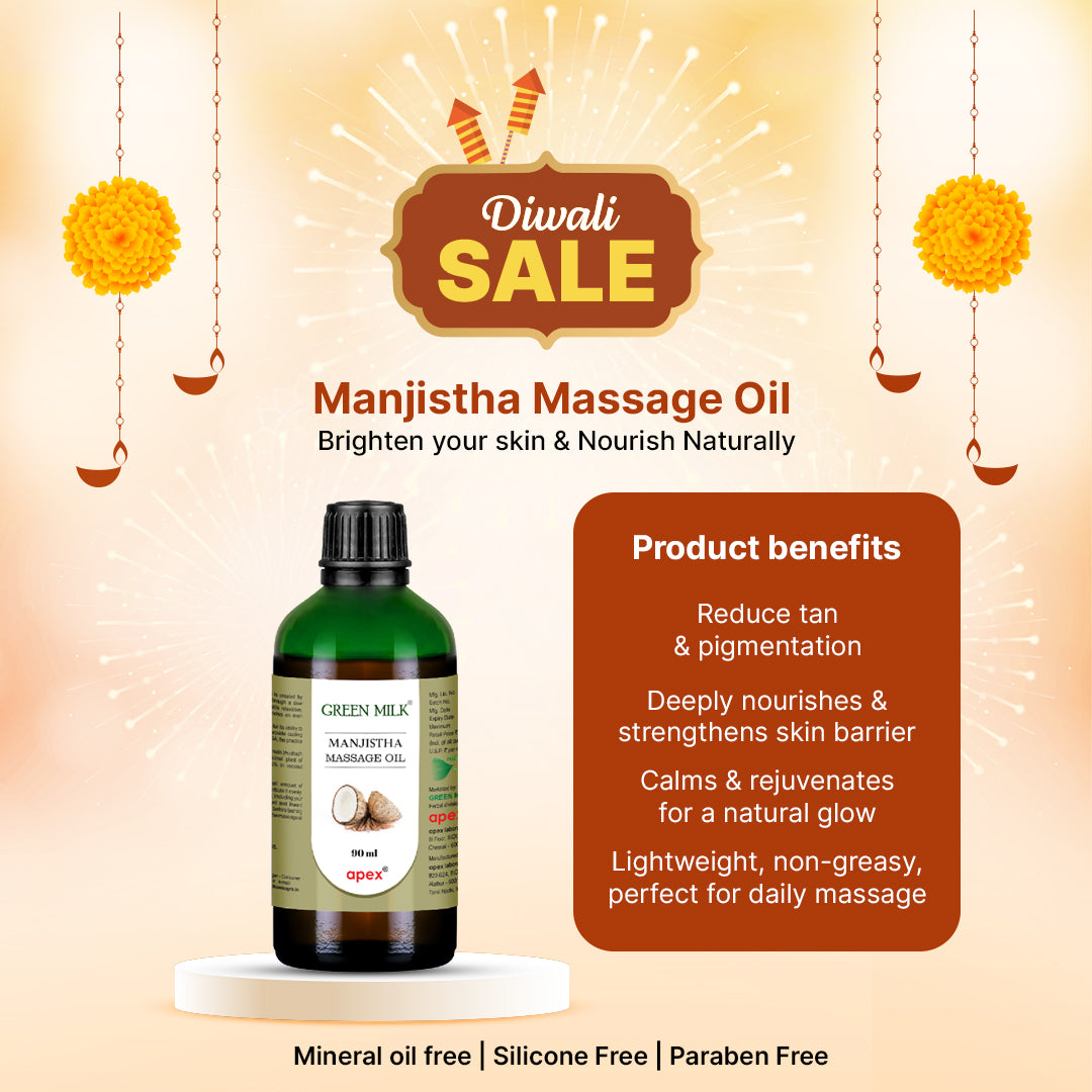 Manjistha Massage Oil bottle with Diwali sale text and product benefits on a warm background