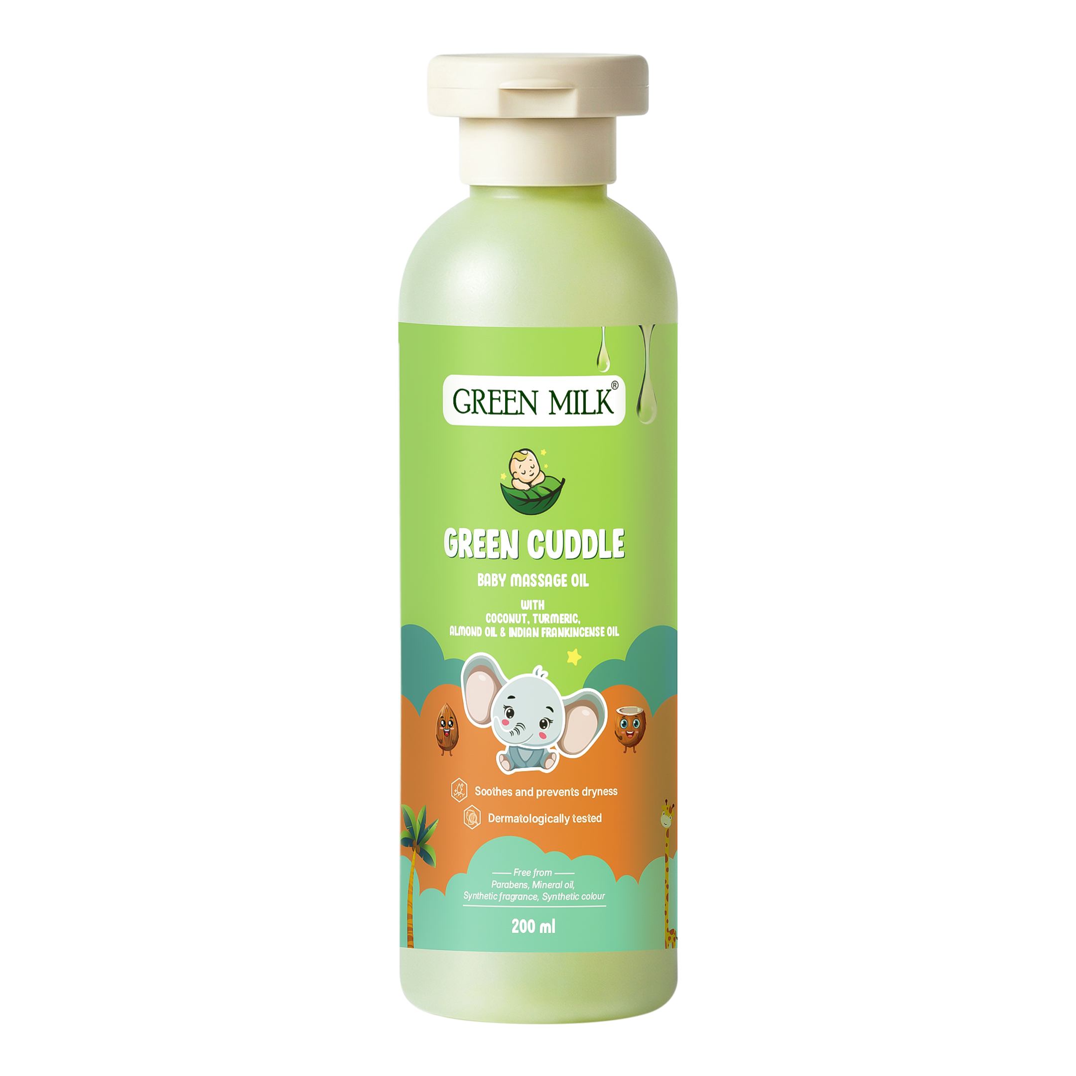 Green Milk Green Cuddle baby Massage Oil bottle on a white background