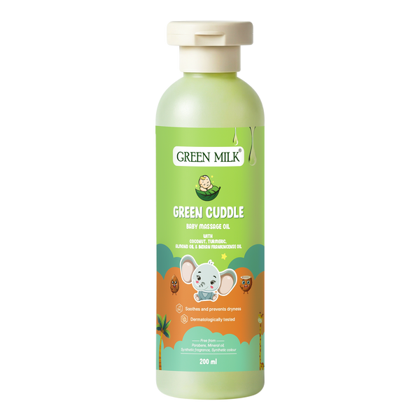 Green Milk Green Cuddle baby Massage Oil bottle on a white background