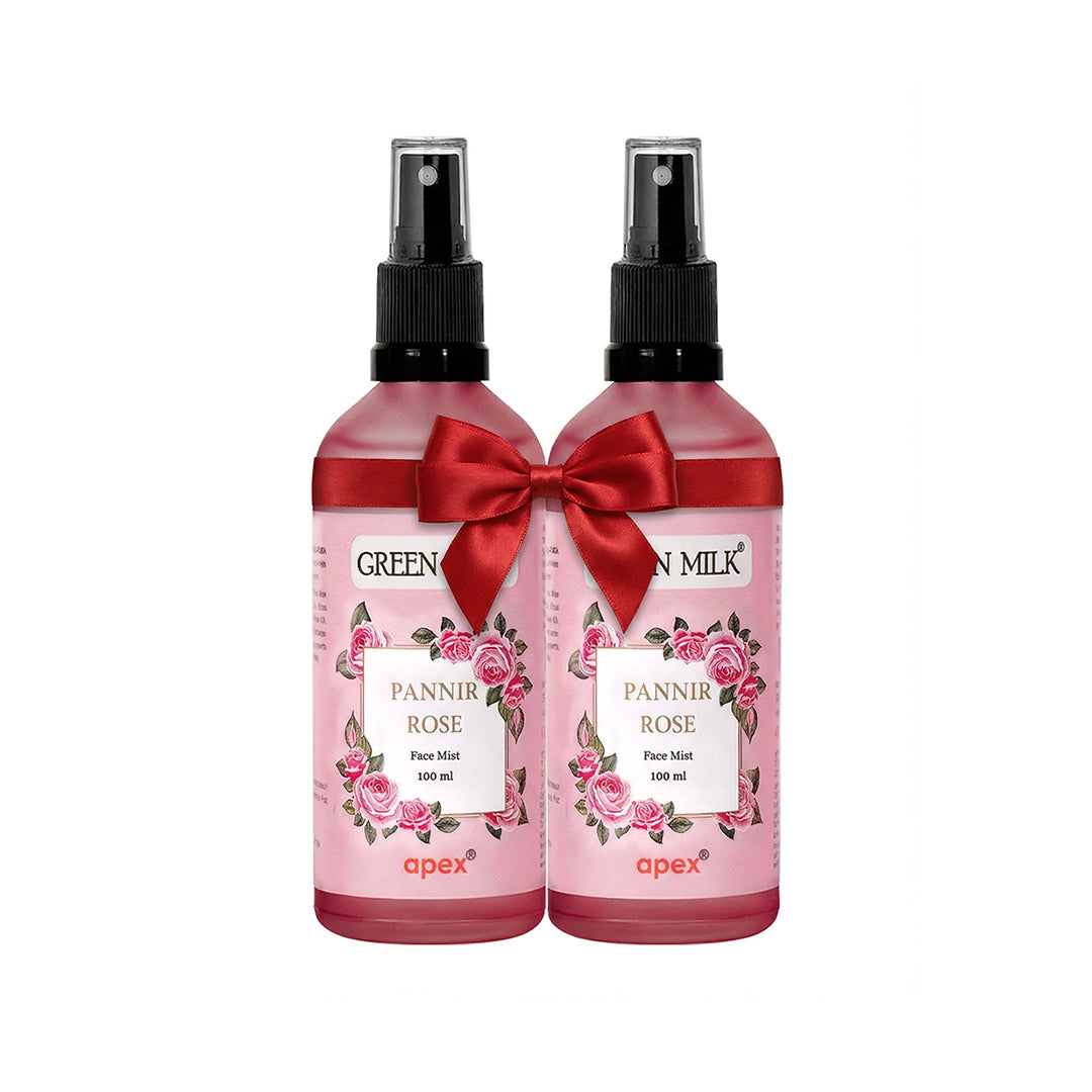Two bottles of Pannir Rose Face Mist with red bows on a white background