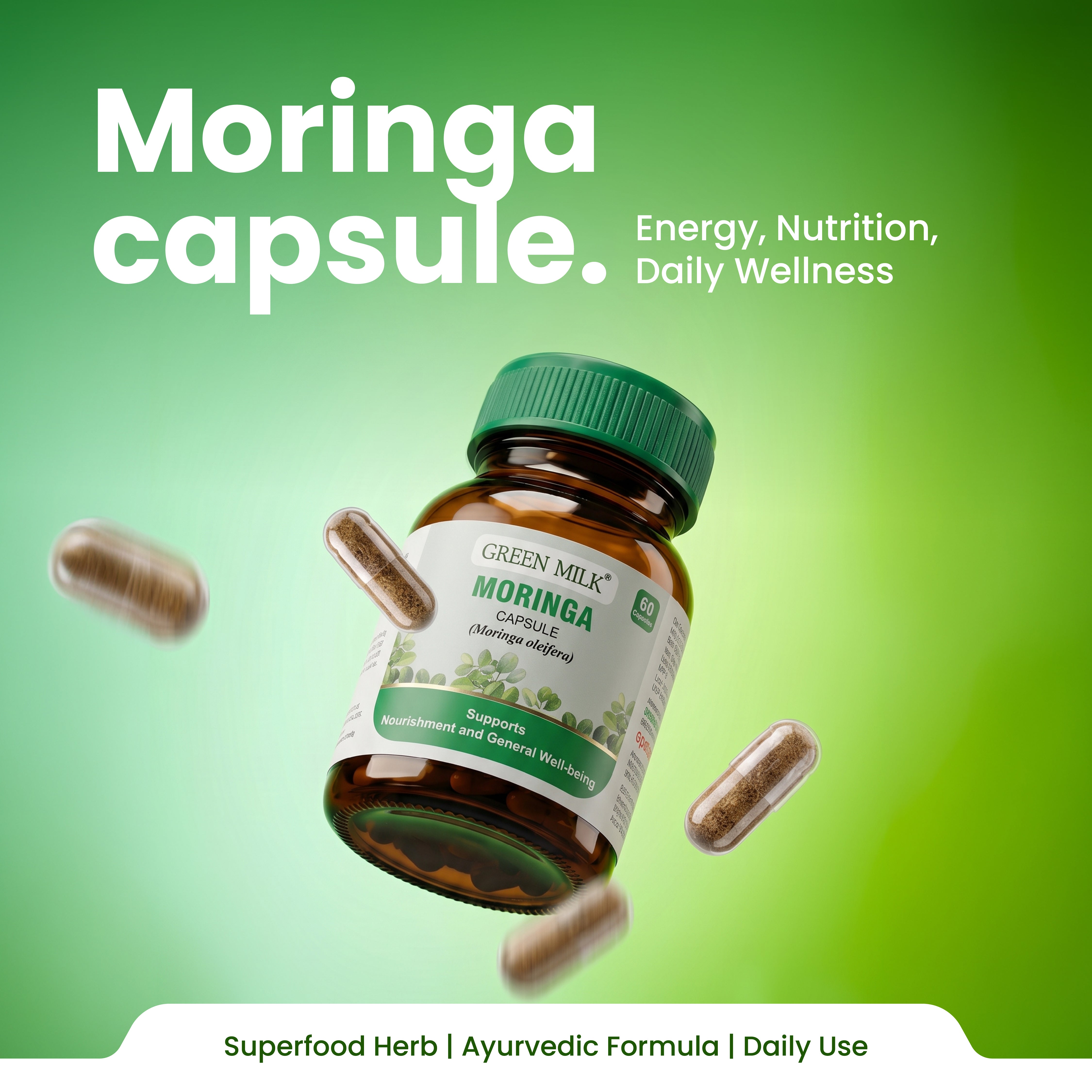 Bottle of Moringa capsules with green background and text highlighting benefits