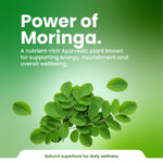 Moringa leaves with text about its benefits on a green background