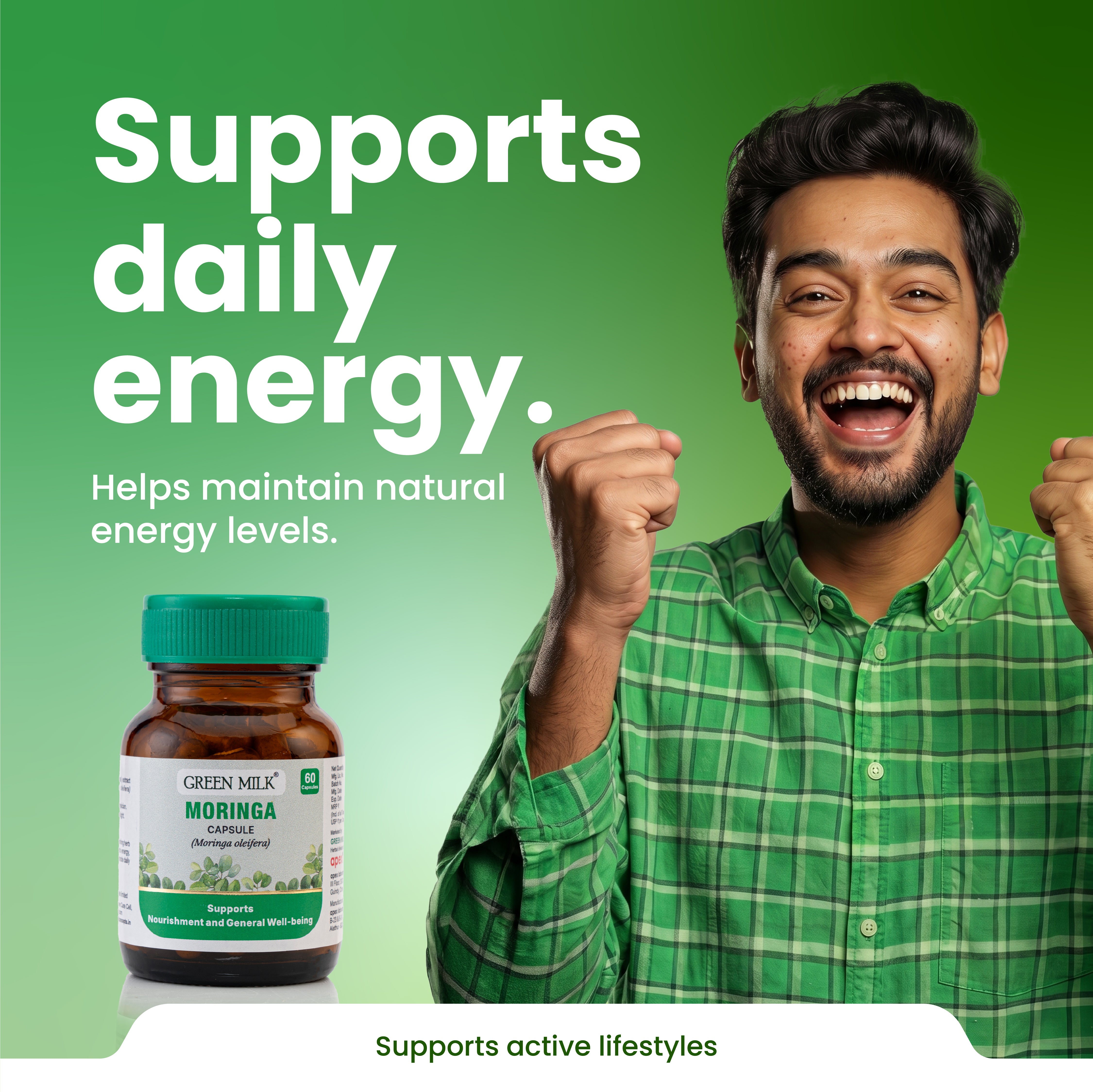 Man in green shirt with raised fists next to a bottle of Green Milk Moringa Capsules on a green background.