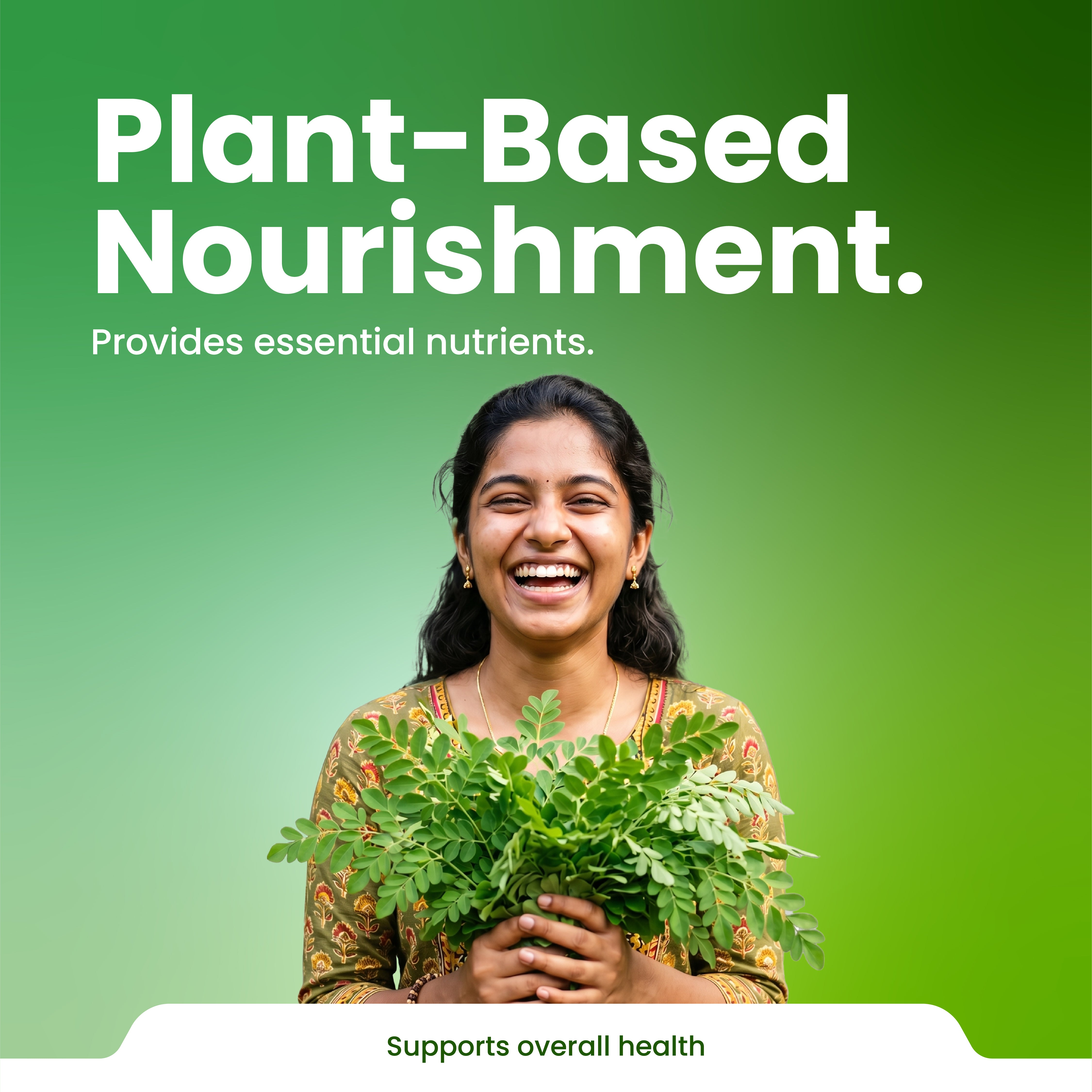 Woman holding green leafy vegetables with text about plant-based nourishment on a green background