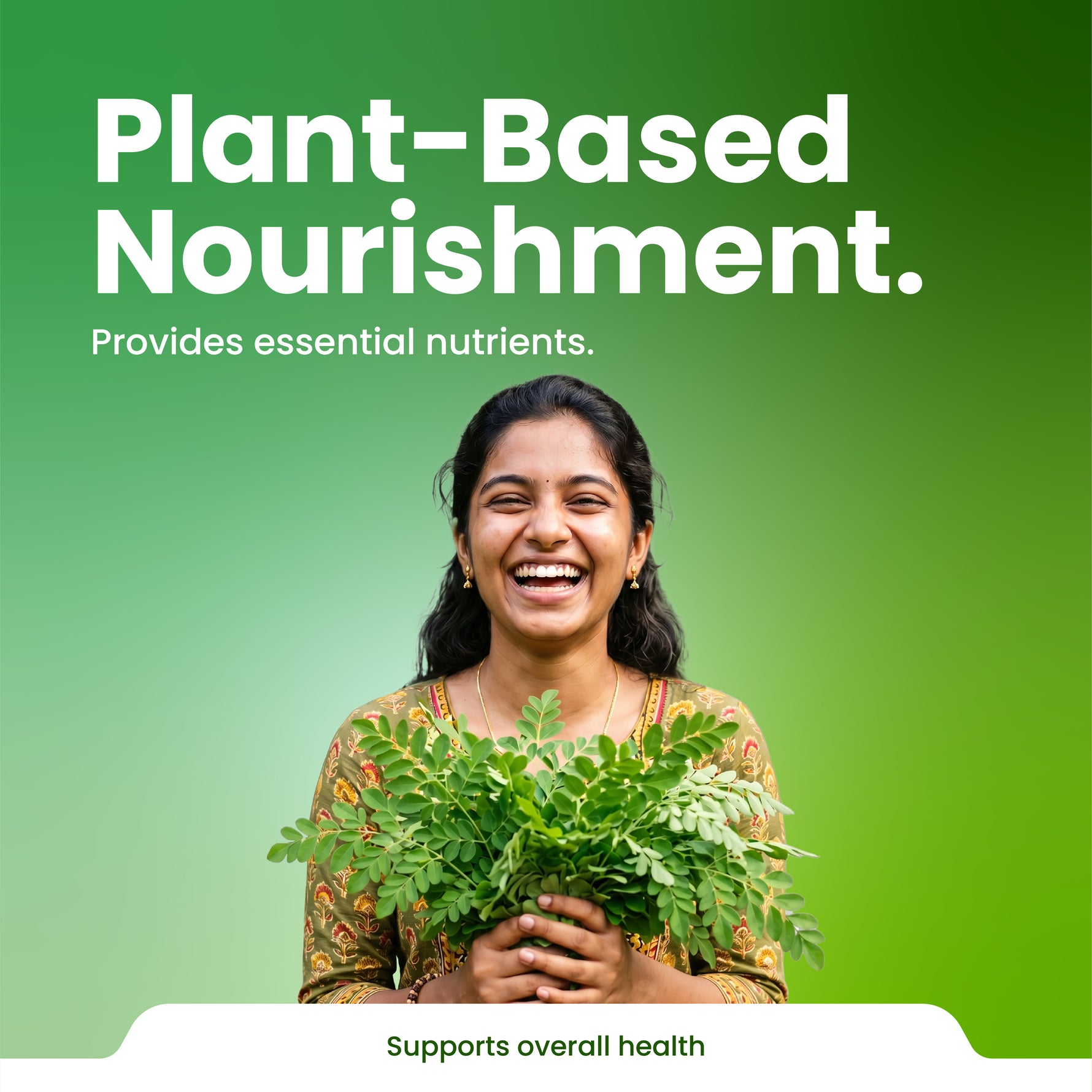 Woman holding green leafy vegetables with text about plant-based nourishment on a green background