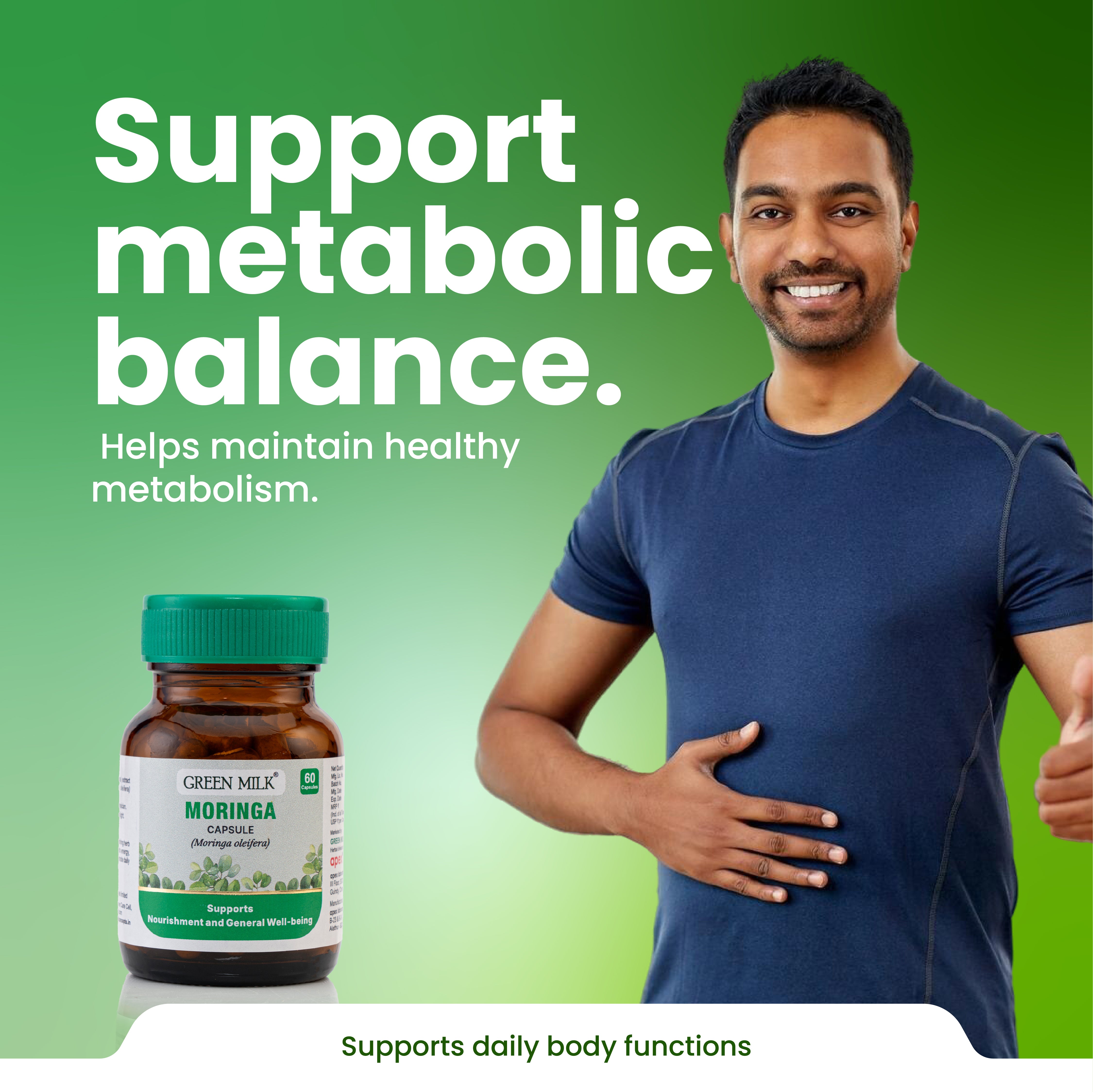 Man with a bottle of Green Milk Moringa Capsules on a green background with text about metabolic balance.